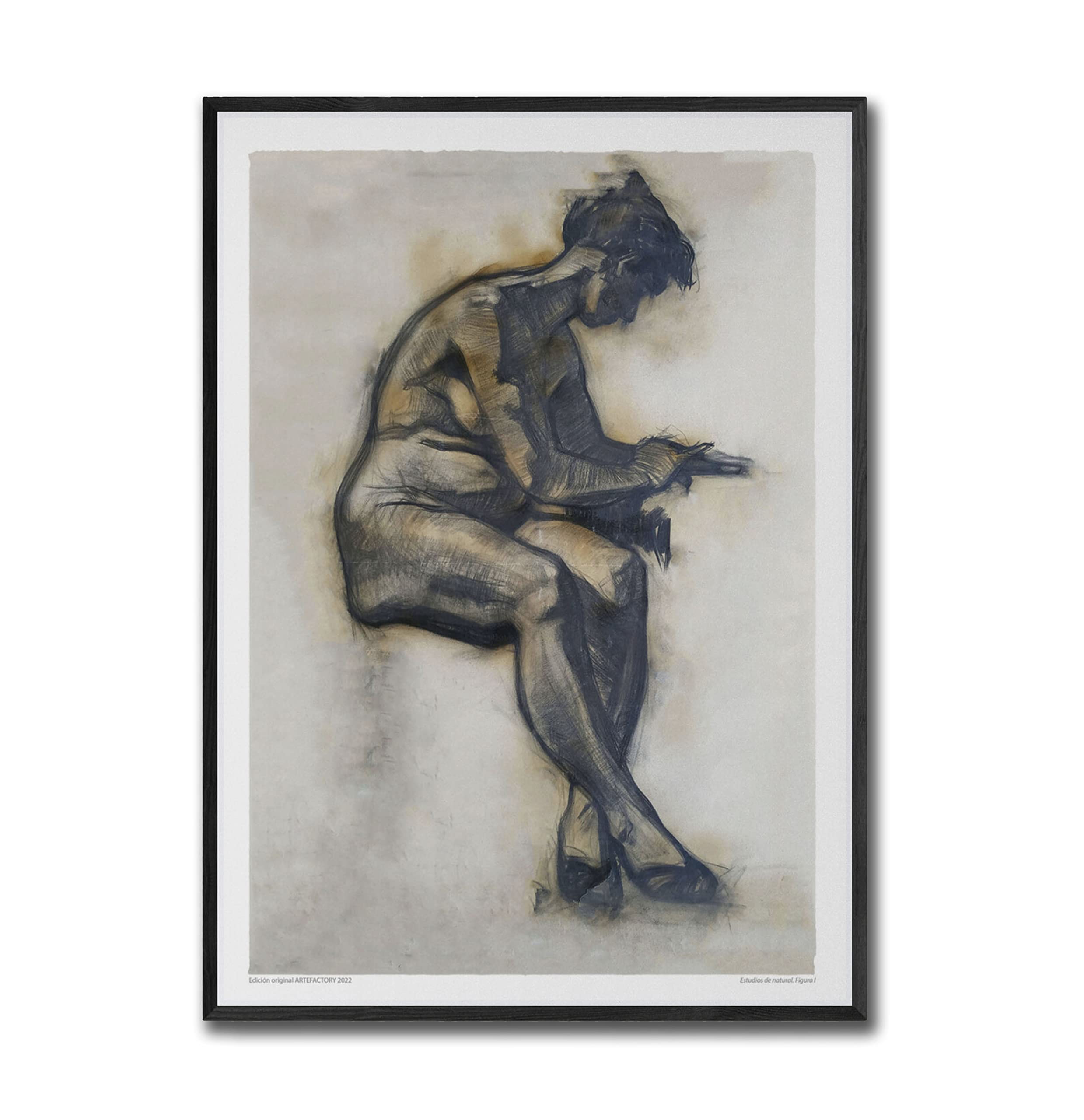 Dibujo antiguo de figura de desnudo femenino al estilo clásico, carboncillo/Lámina de bellas artes/Dibujo académico de modelo natural (DIN A3 (42x29,7cm))