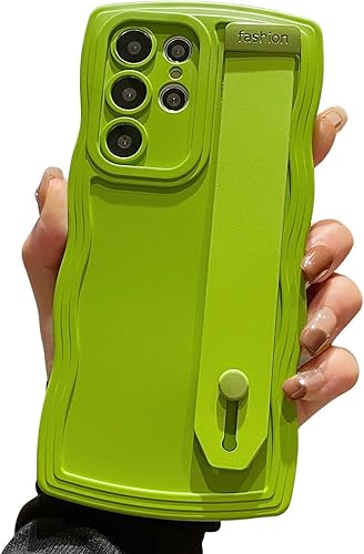 Funda para Samsung Galaxy S22 Ultra con correa de soporte de mano, linda onda rizada 3D mate, color liso, brillante, suave, a prueba de golpes,