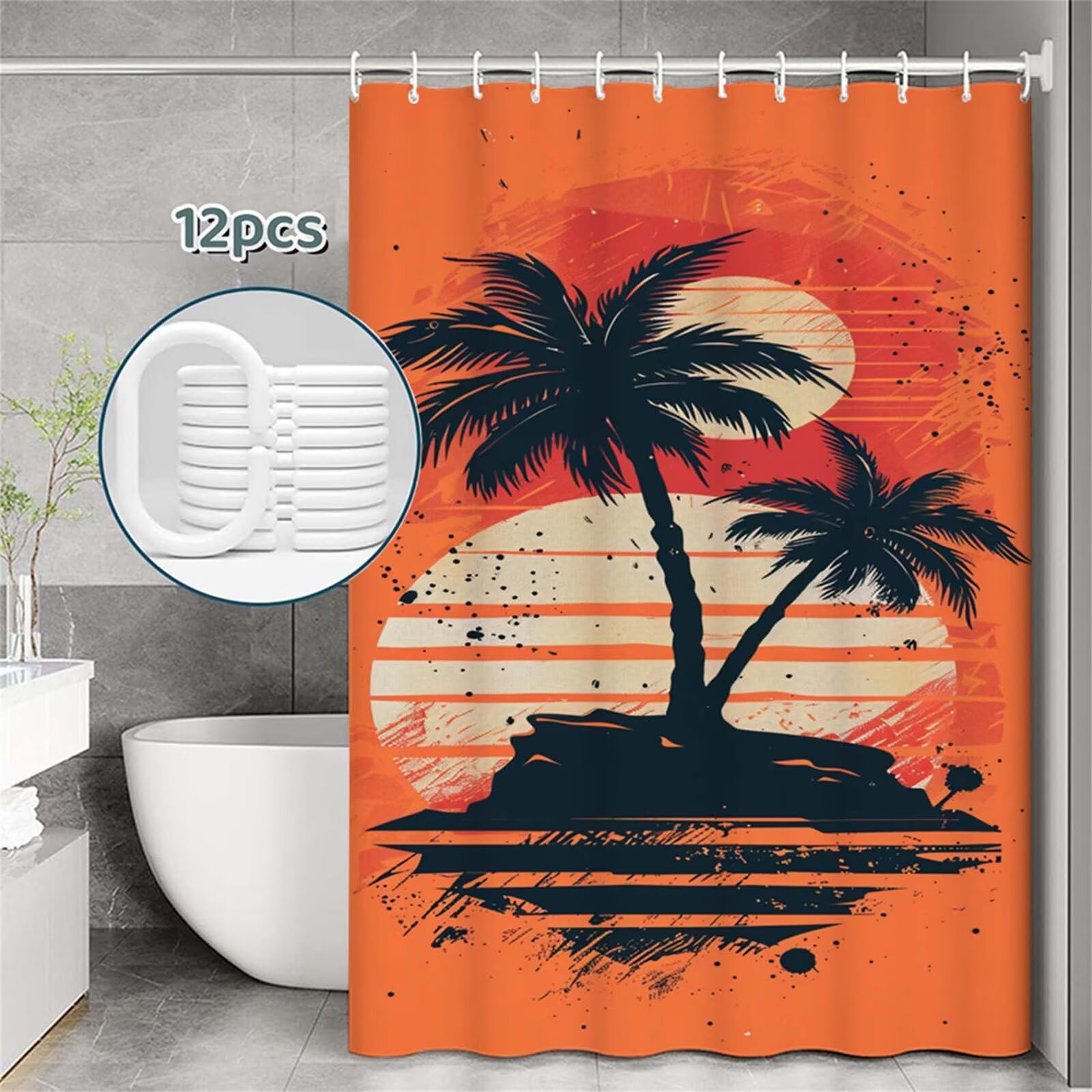 Tenda Doccia in Poliestere Arancione bruciato,Tende per Doccia Extra Lunga 180x240cm,palme da cocco Tenda Vasca da Bagno Tessuto Lavabile,Facile da Pulire 12 Ganci,Decorazione per Bagno,Hotel Z-482