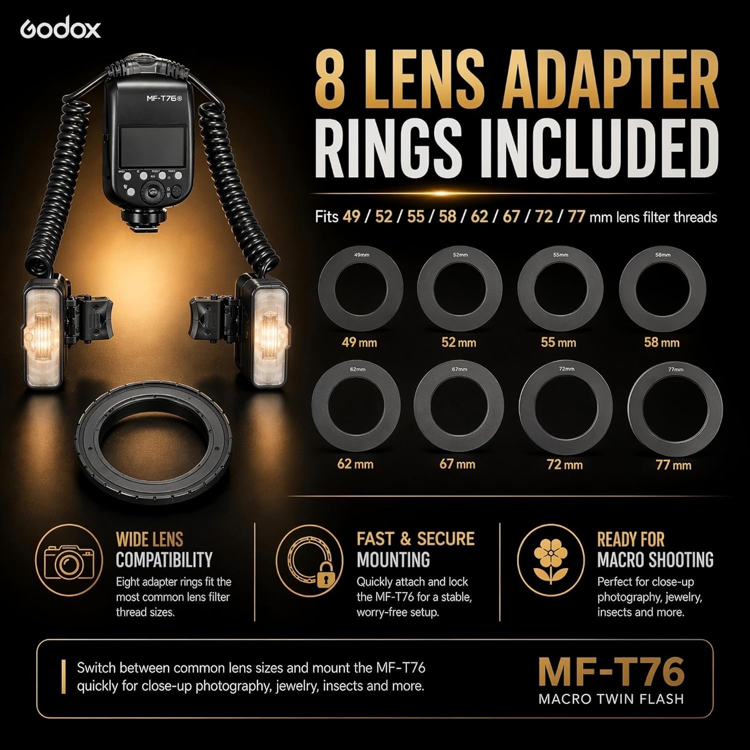 Godox MF-T76 S Macro Twin TTL lampa błyskowa do kamer Sony, 76Ws GN22,4 z HSS, ładowanie 1,2 s, 550 lamp o pełnej mocy, podwójne głowice regulowane 0°-150°, system X 2,4 GHz