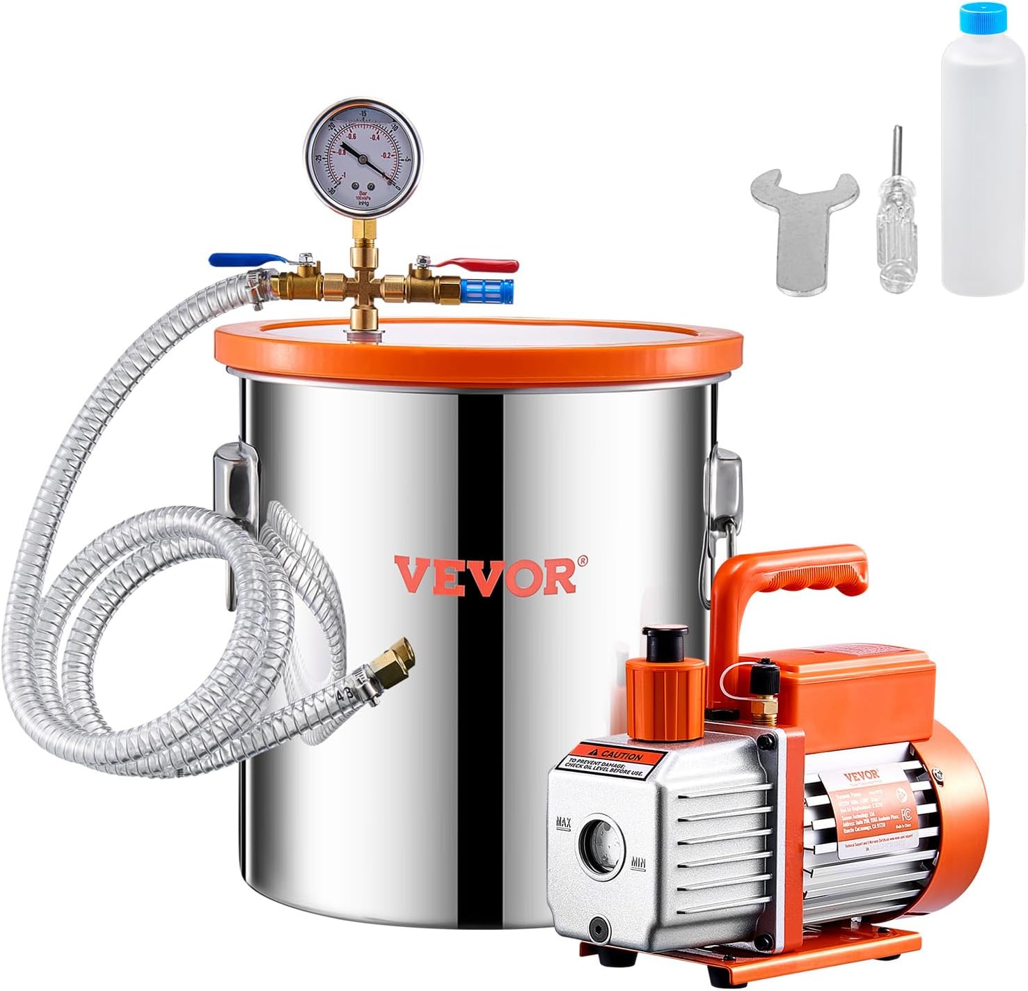 VEVOR 5 Gallon Vacuum Chamber and 3.5 CFM Pump Kit, Stainless Steel Chamber, Single Stage Vacuum Pump Degassing Chamber Kit, with Acrylic Lid, Oil, 4.92 ft Hose, for Degassing Resin Silicone Epoxies 5.0 Gallon Acylic Lid,3.5 CFM