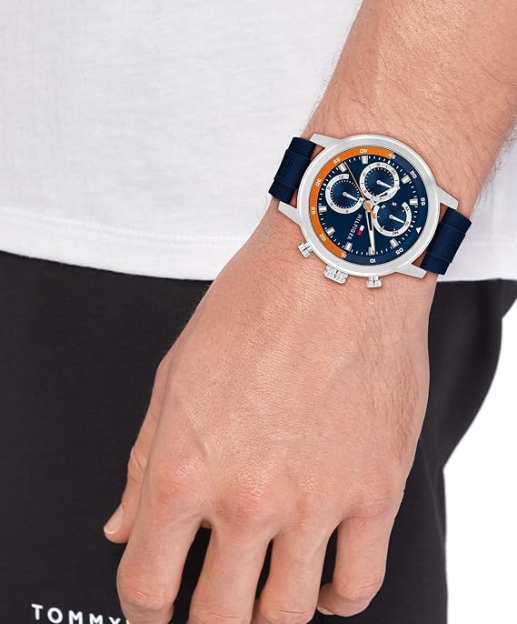 Tommy Hilfiger Men's Sporty Watch Quartz Multifunction, Stainless Steel Case, Sunray Dial with Stick Indexes and CD-Textured Sub-Eyes, and Oversized Crown Gift for Him