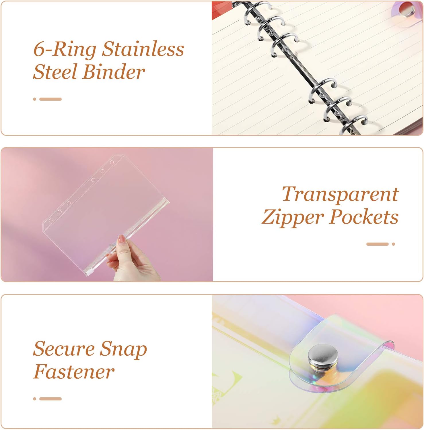 Housolution A6 Money Binder, Clear 6-Ring Soft PVC Notebook Budget Binder Planner, Money Organizer with 8 PCS Zippered Cash Envelope Pockets & 16 Self-Adhesive Labels, Rainbow