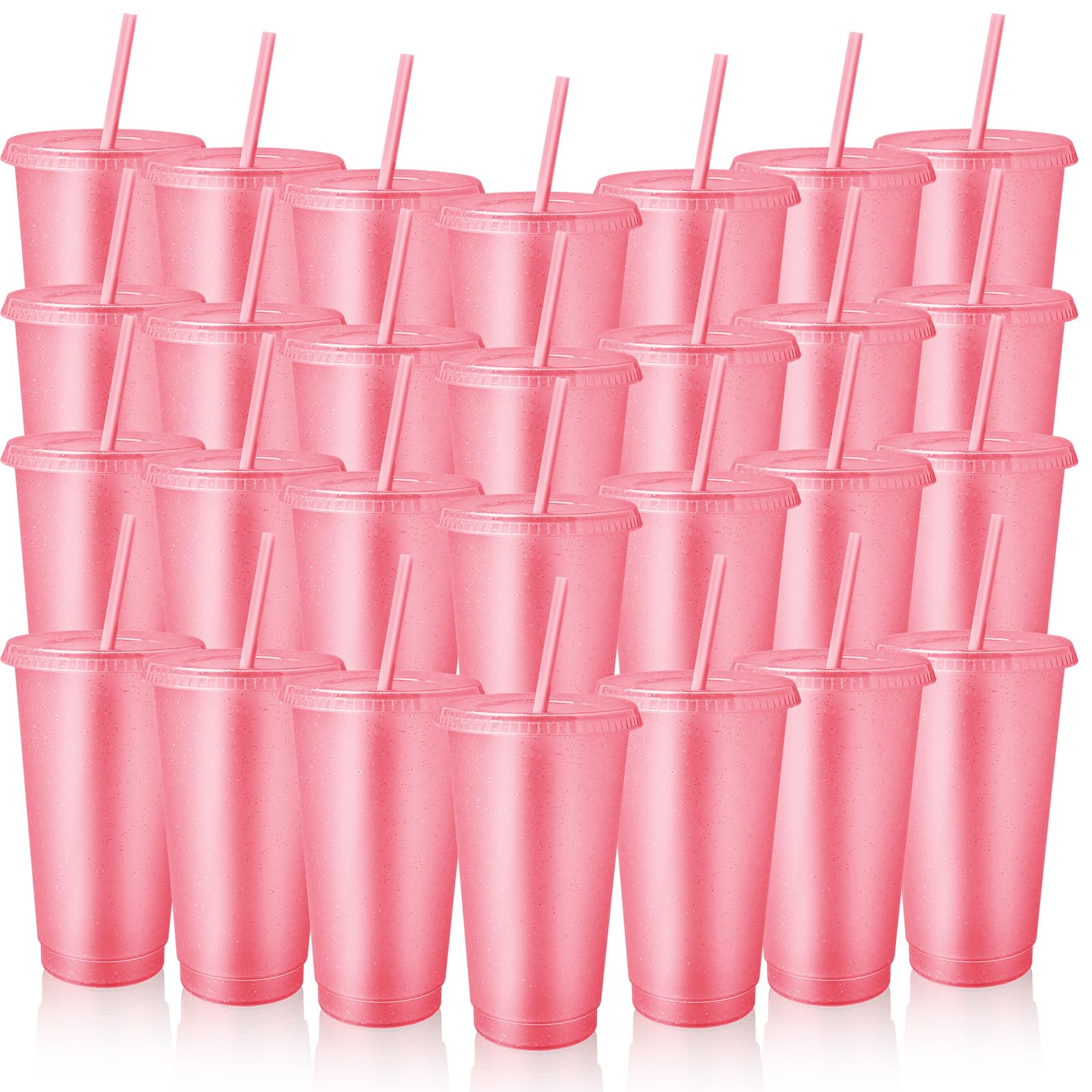 MSYU 60 Pack Tumbler with Straw and Lid Bulk Cups for Gifts Glitter Plastic Coffee Cups 710 ml Reusable Water Bottle Iced Coffee Travel Mug Party Favors for Birthdays Travel (Pink)