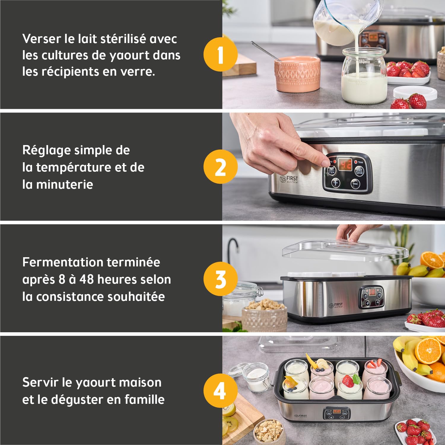 TZS First Austria - Yaourtière électrique 25W avec 8 pots en verre de 180 ml pour jusqu'à 1,4L de yaourt fait maison - Avec température de 20-55°C, arrêt automatique et écran LCD - Blanc