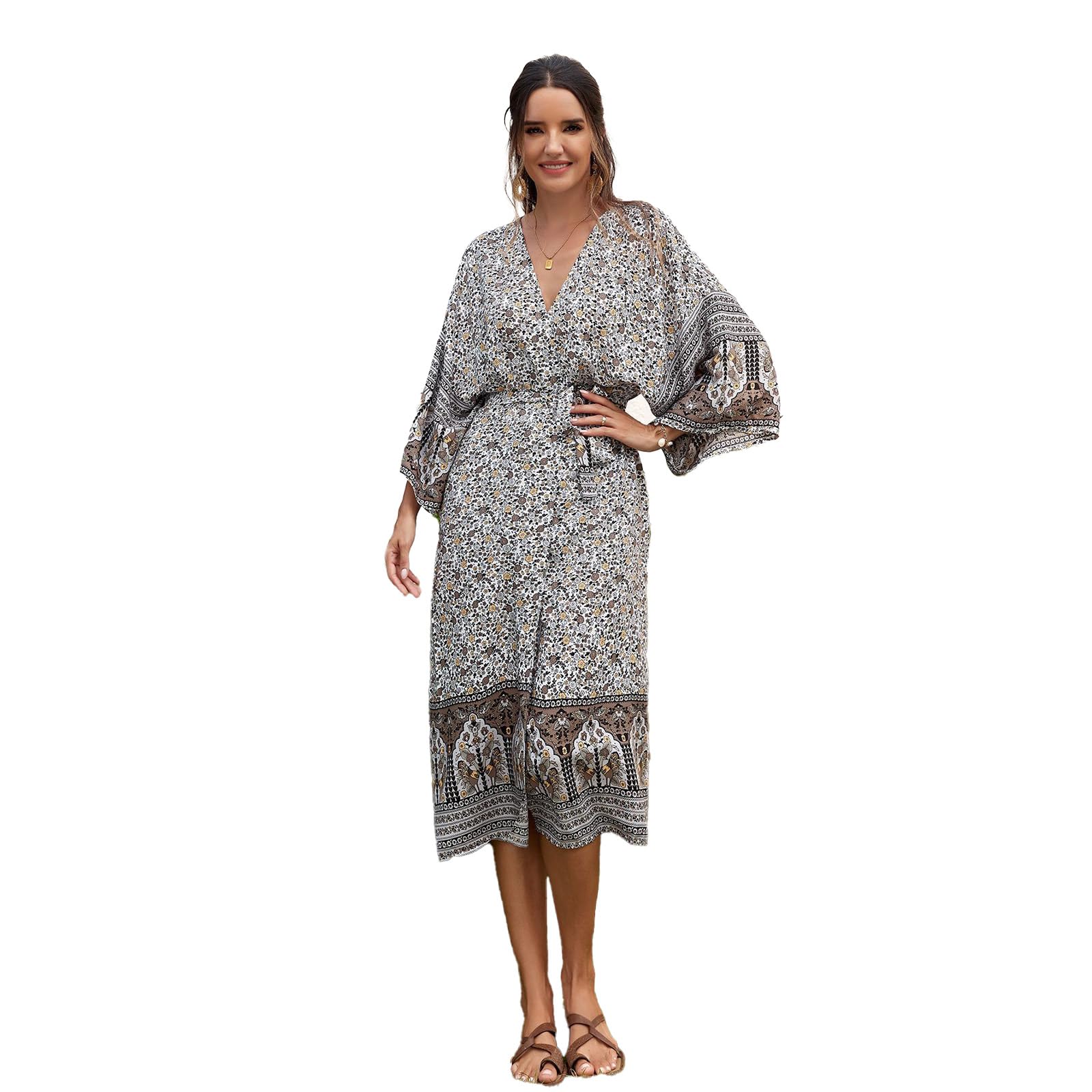 Traje de baño tipo kimono de manga larga para mujer, con flores, frente abierto, holgado, chal, vestido de playa con cinturón