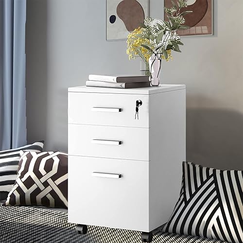 Miniatura 5 de Archivador móvil con 1 cajón con cerradura, polea de 360 grados, amplio diseño de elevación de escritorio, archivador de madera, archivador rodante