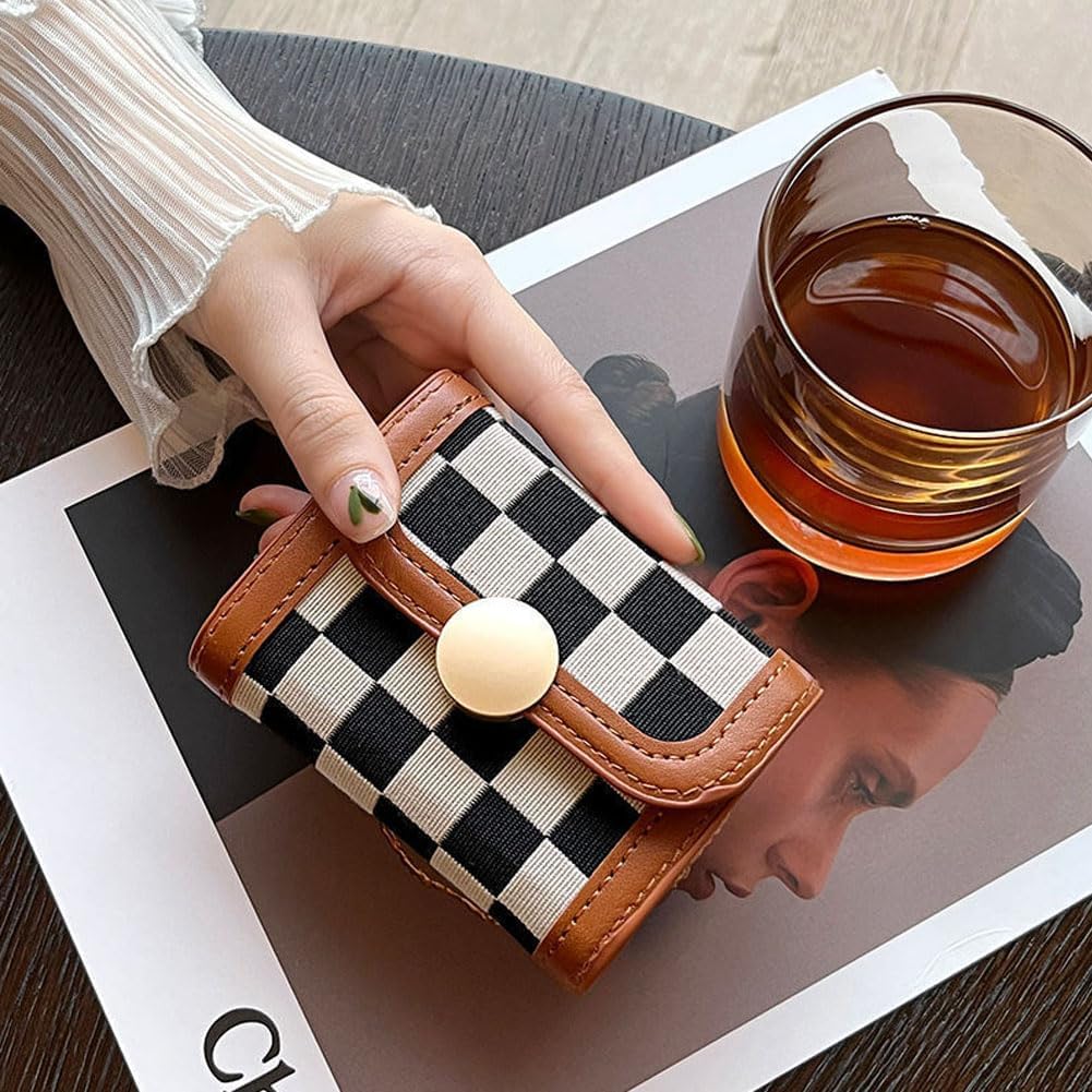 Leheybia 1 Pcs Checkered Wallet Checker Card Bag Card Holder Wallet Card Holder Wallet Wallet for Woman(Coffee, Black And White) (Coffee) - Image 3