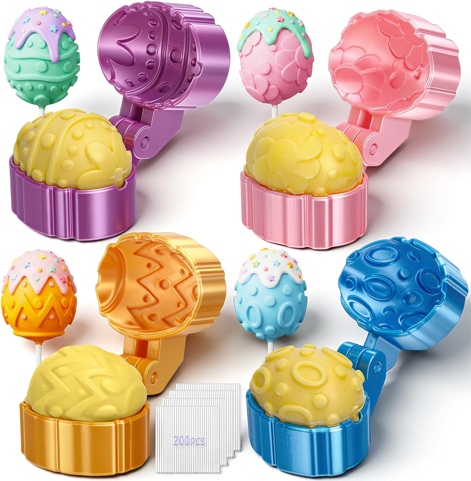 4 Pcs Easter Cake Pop Mold Set, Egg Cake Pop Mold with 200 Sticks, 2026 New 3D Baking Tools (4 Easter Egg Styles) for Party Treats