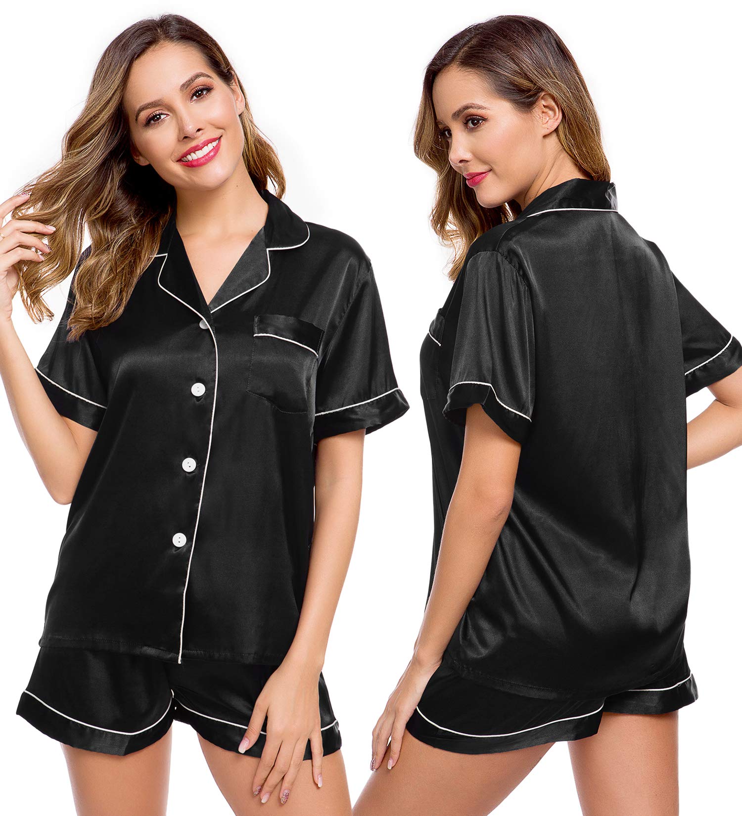 Womens Silk Satin Pajamas Short Sleeve Loungewear Two-Piece Sleepwear Button-Down Pj Set