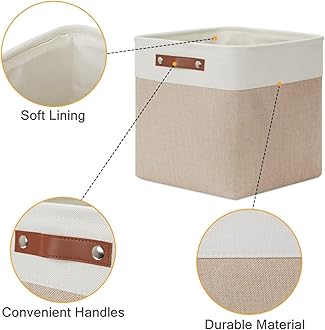 Mangata Collapsible Storage Cube Boxes, 33x38x33cm Linen Woven Fabric Storage Baskets with Leather Handles 4pcs (Light Khaki and White)
