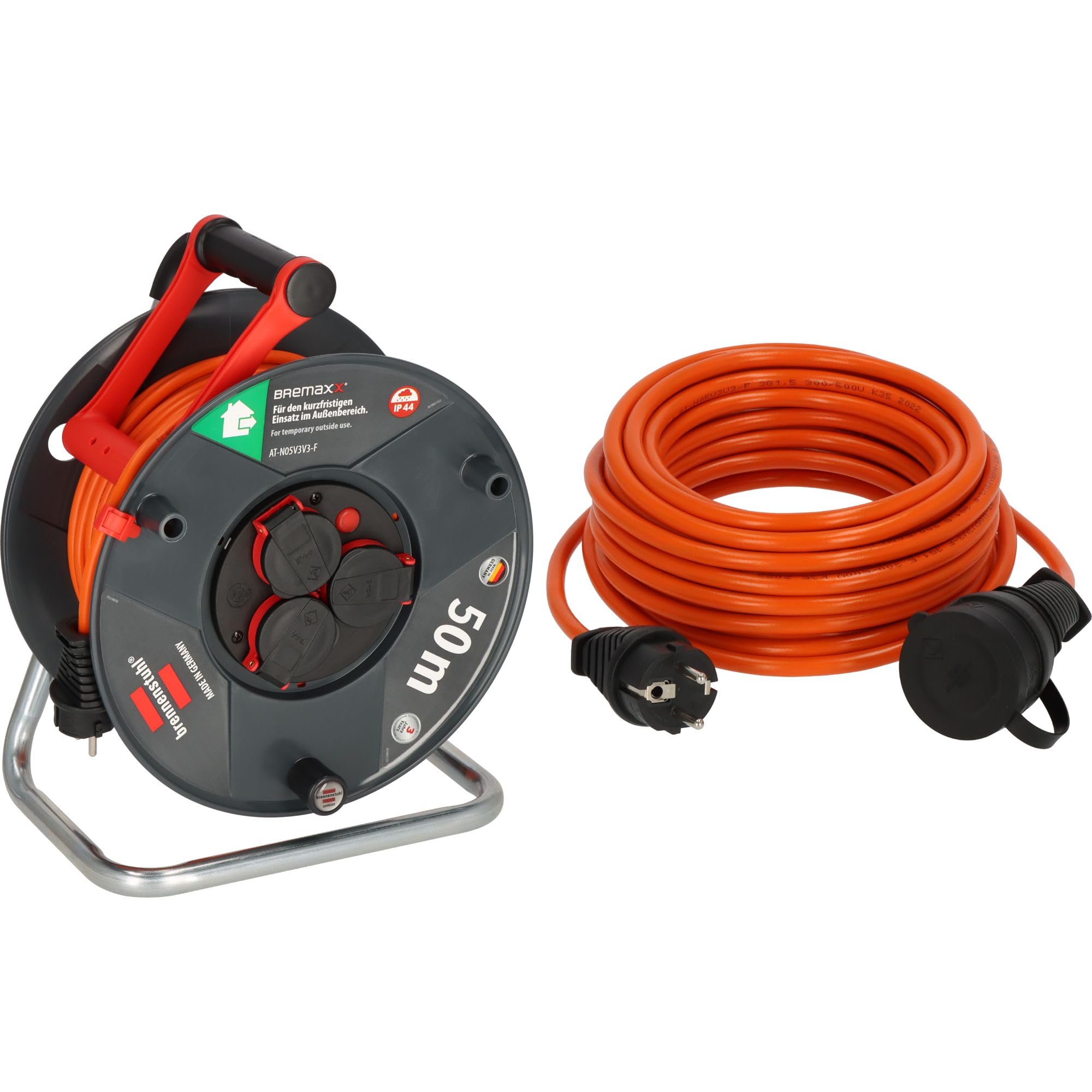 Brennenstuhl Kabeltrommel SPAR-SET 50m outdoor Garant V2 (Made in Germany, IP44) + Brennenstuhl BREMAXX Verlängerungskabel 10m (Made in Germany, IP44, einsetzbar bis -35 °C, öl- und UV-beständig)