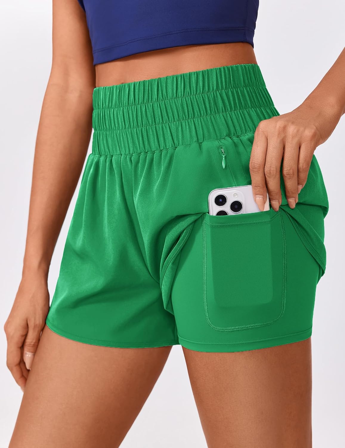 PINSPARK Women's 2 in 1 Running Shorts High Waist Athletic Workout Short Quick Dry Anti-Chafe Liner Short with Zipper Pockets - Image 3