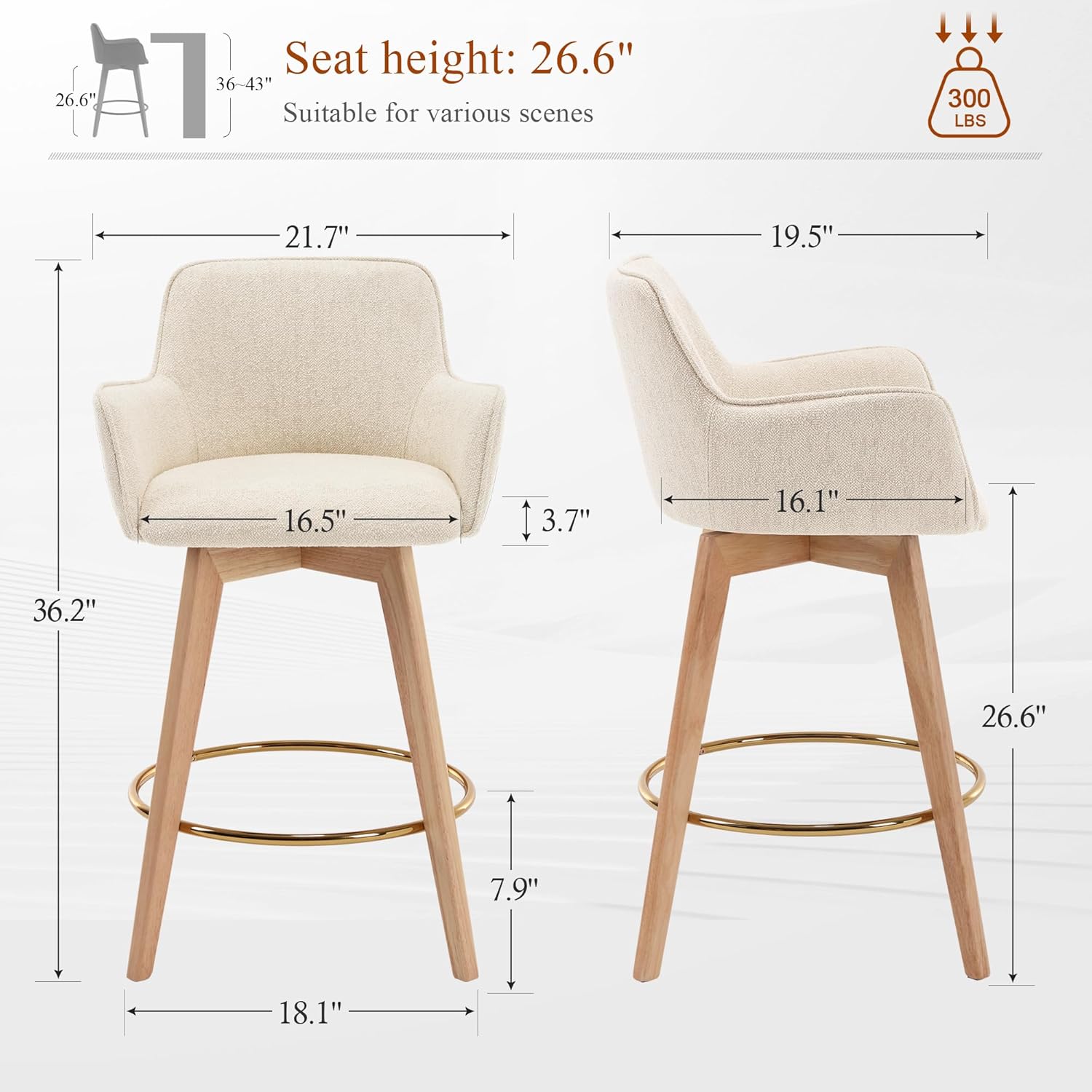 Swivel Counter Stools with Backs, Linen Upholstered Bar Stools with Arms and Solid Wood Legs, 26 Inch Modern Bar Stools for Kitchen Island, Home Pub (Beige, Set of 1)