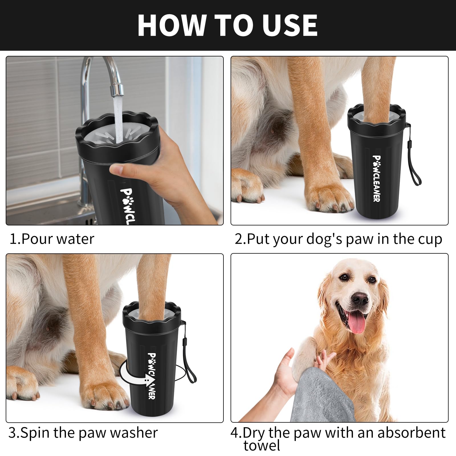 Comotech Limpiador de patas de perro con cepillo de baño y 3 toallas absorbentes, mango de anillo ajustable para perros y gatos de pelo largo y corto (grande, negro)