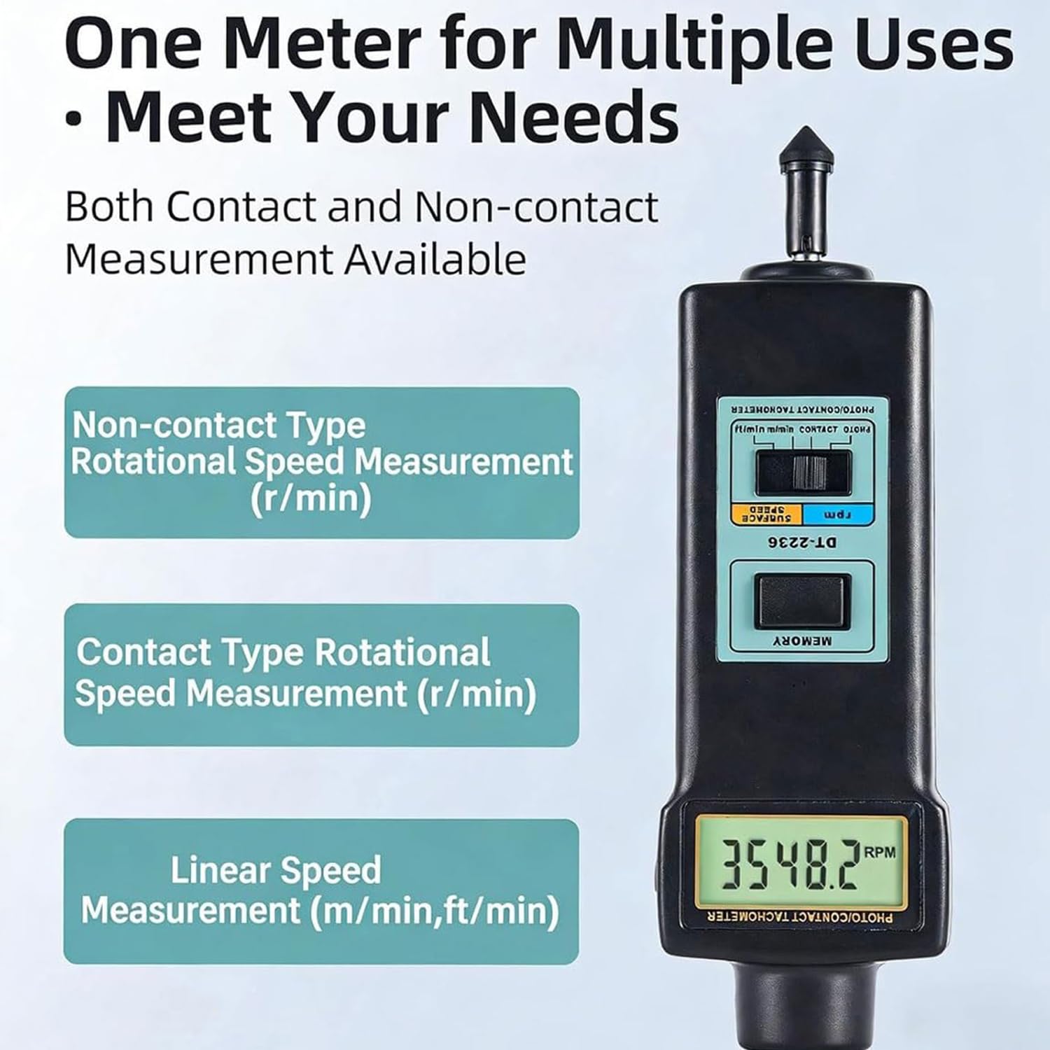 Digitaler Drehzahlmesser, Digitaler 2 in 1 Drehzahlmesser, mit 3 Sonden, zur Messung der Linearen Geschwindigkeit, Hochpräziser Testerzähler, für Ventilatoren, in der Papier, Kunststoff