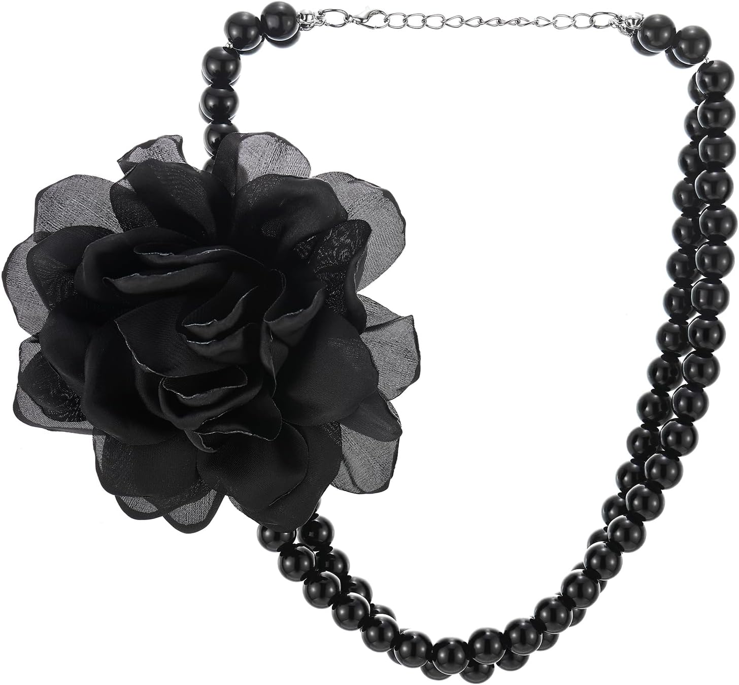 COOLSTEELANDBEYOND Women's Black Rose Beaded Necklace, Large Floral Statement Choker, Double-Strand Noir Bead Jewelry, Bold Romantic Accessory, Edgy Glamour Style, Gift for Her