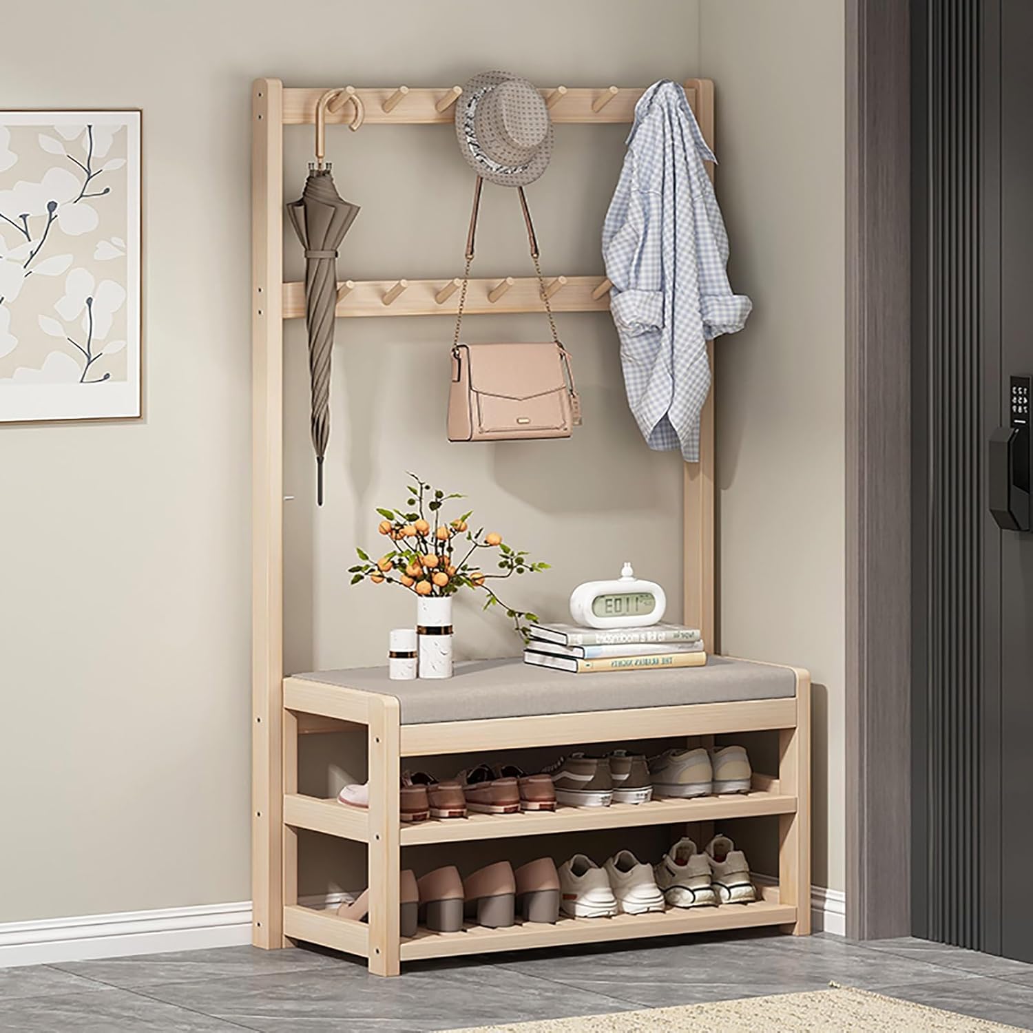 Solid Wood Hall Tree, Coat Rack with Shoe Storage, All-in-One Shelf Mudroom Storage Organizer with Double Layer Hooks for Hallway, Entrance, Living Room(60cm/23.6in)