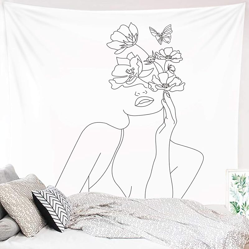 Miytal Art Line Aesthetic Tapestry, Simple Women with Flower Butterfly Wall Hanging, Modern Minimalist Abstract Creative Sketch Wall Décor for Dorm Bedroom Office – 51.2" x 59.1”