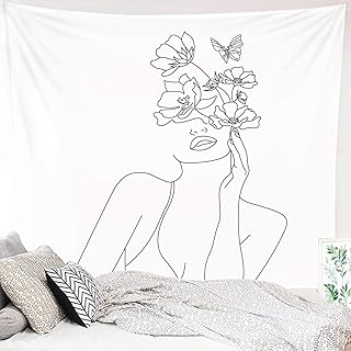 Miytal Art Line Aesthetic Tapestry, Simple Women with Flower Butterfly W...
