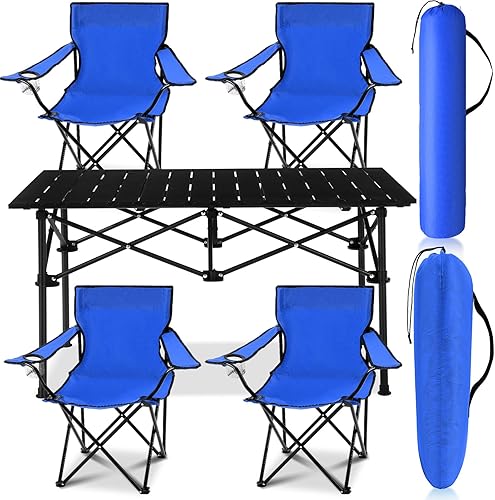 Juego de 5 sillas de campamento portátiles de verano y mesa de camping plegable, silla plegable de tela Oxford para exteriores, mesa de campamento
