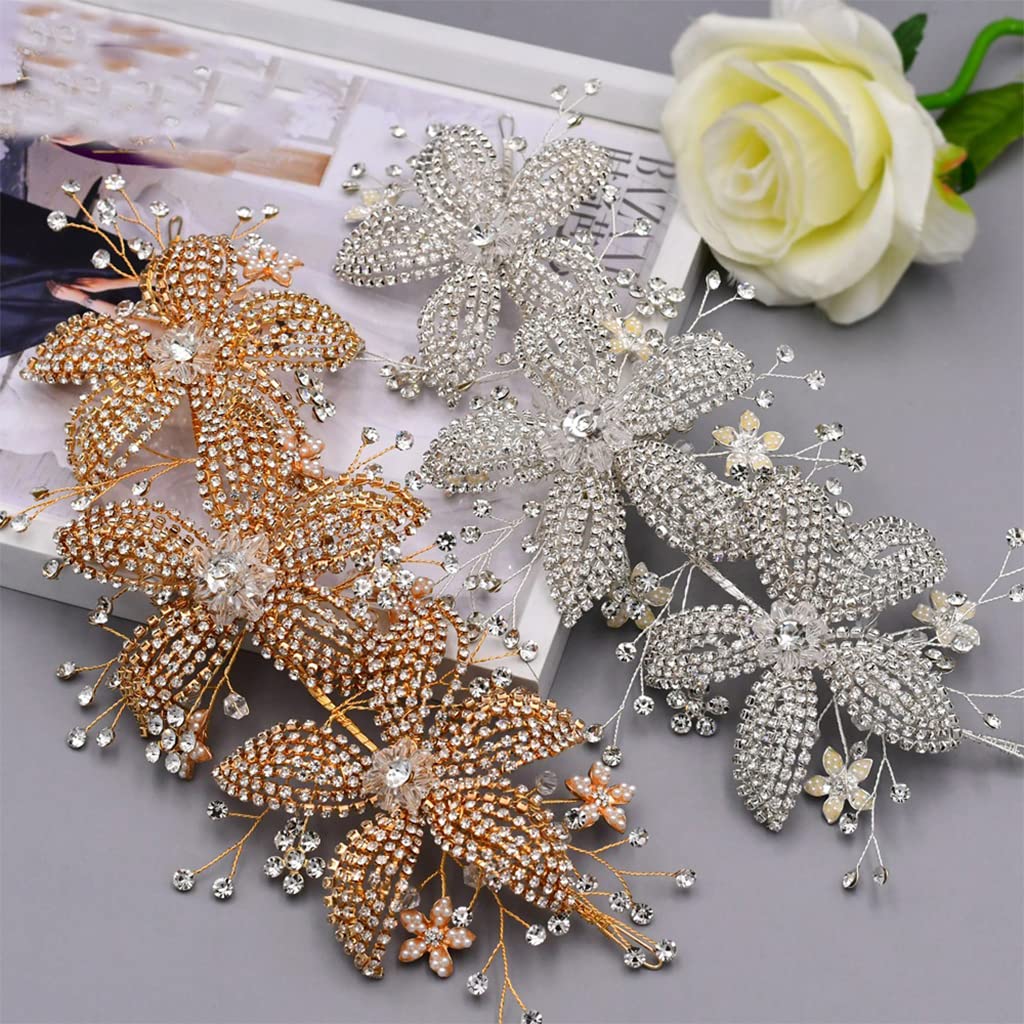 Blumenzweig Braut Hochzeit Stirnbänder Silber Gold Kristall Braut Kopfschmuck Strass Haarrebe für Damen und Mädchen