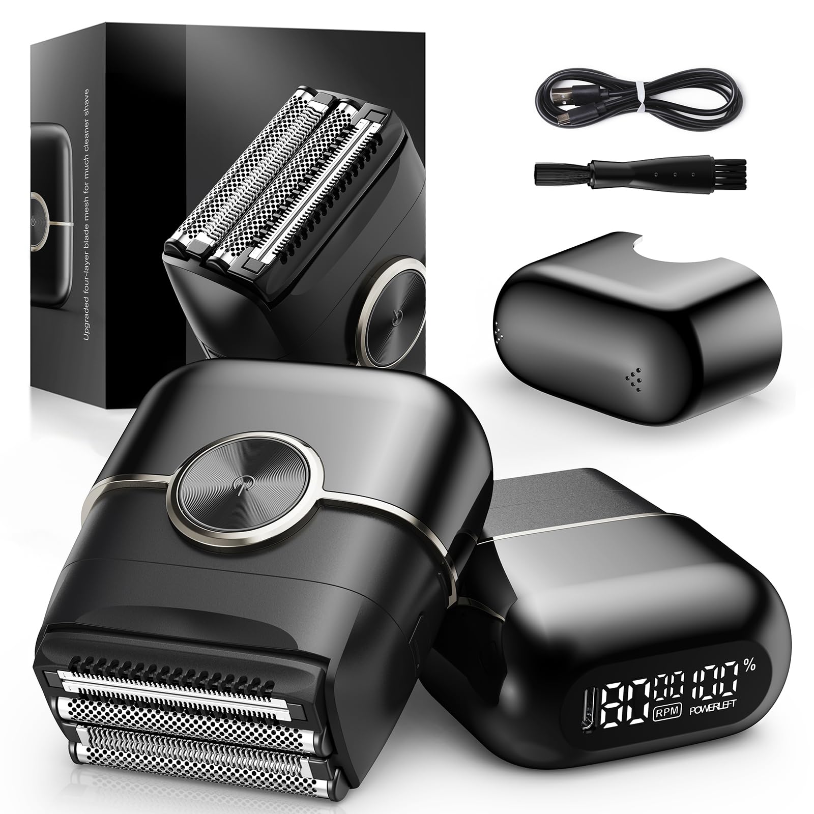 Rasoio elettrico da uomo: mini rasoio elettrico con 4 lame galleggianti e 2 velocità, rasoio senza fili con display a LED, rasoio viso con impermeabilità IPX7, USB tipo C