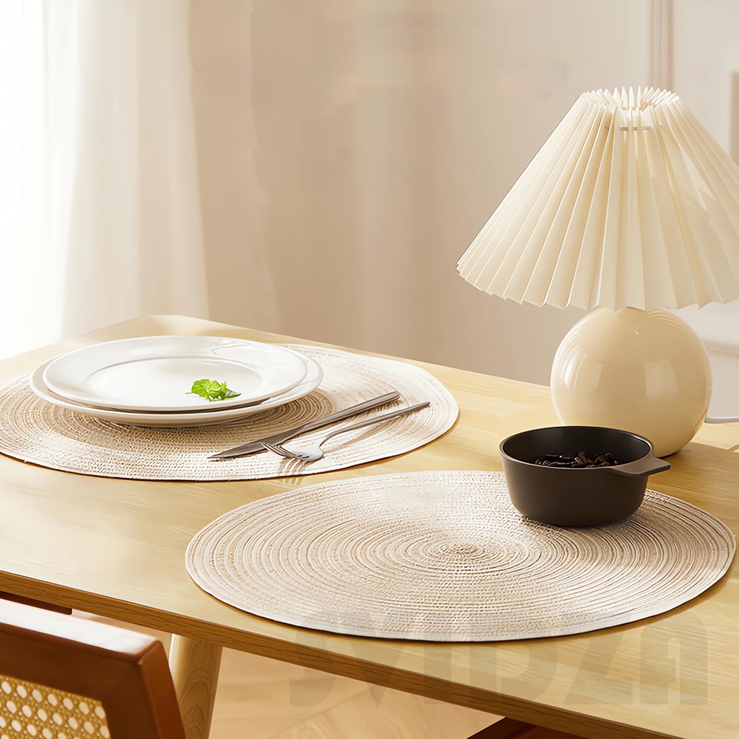 Round Placemats Set of 6, Washable Round Braided Place Mats, Suitable for Kitchen Dining Tables, 15" Heat Resistant Table Mats - Beige