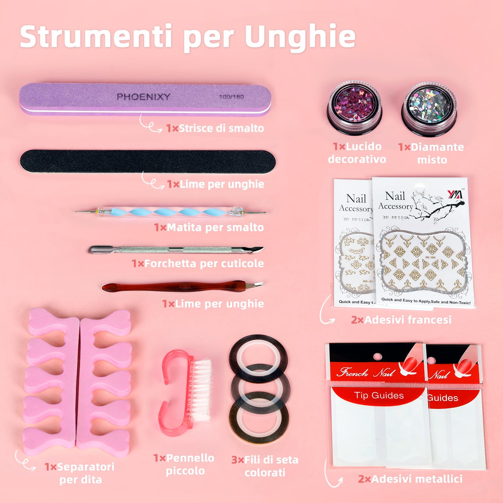 Phoenixy Kit Semipermanente Unghie 29Pcs Completo con Lampada UV LED 48W Top Coat Lucido Opaco Argento Oro