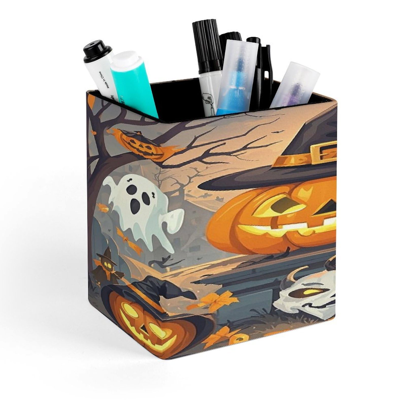 FekiLoot Halloween Pumpkins Pen Holder for Desk Minimalist Leather Pencil Holder Fashion Modern Pencil Cup Decorative Square Pen Cup Locker Organizer for Office Work Locker Accessories