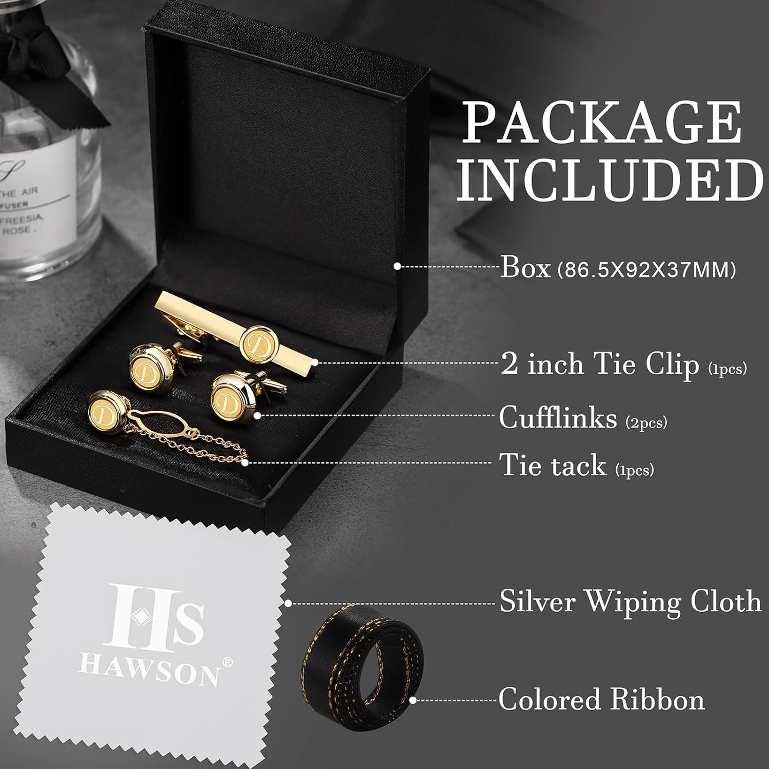 HAWSON 2 Inch Tie Clips with Cufflinks and Tie Pin for Men(A-Z), Tie Tack Lapel Pins for Men’s Suit, Tuxedo, Accessories for Necktie, Shirts