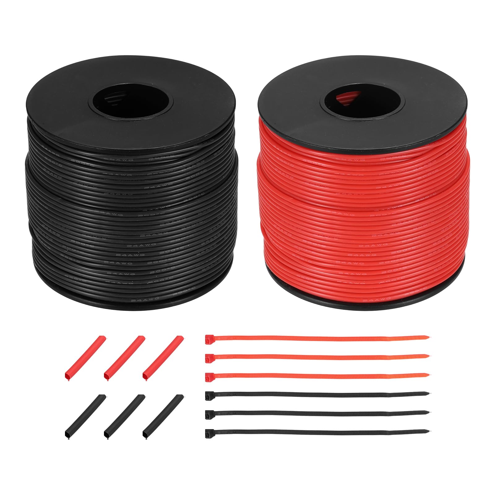 sourcing map 2pcs 24 AWG Silicone Electrical Wire Spool, 24 Gauge 76.2m/250ft Tinned Copper Electrical Wires with Heat Shrink Tubing & Cable Ties for Automotive, RV Inverter - Red & Black