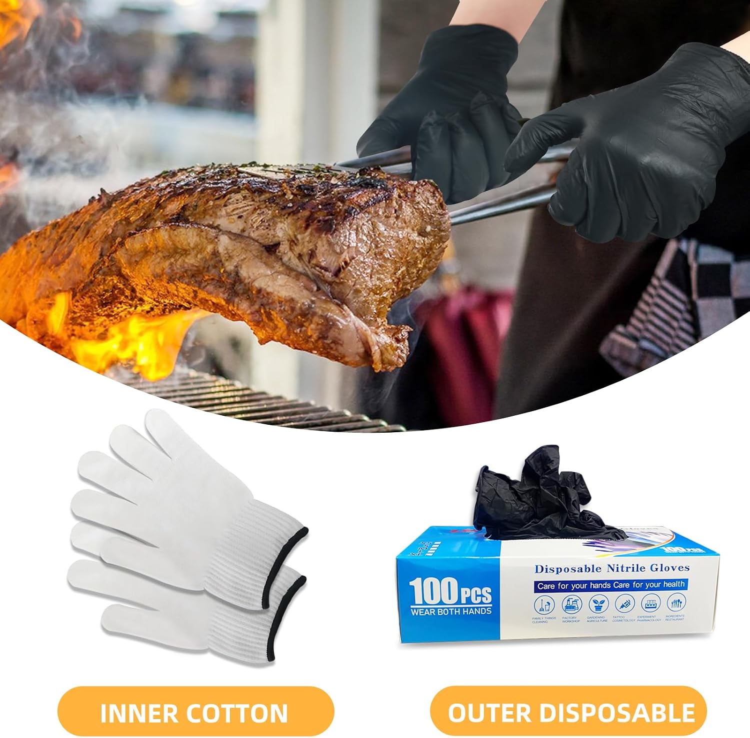 GEEKHOM Disposable Nitrile Gloves 100 Pcs: with 2 Cotton Liners, Food Grade Heat Resistant for BBQ Smoker & Cooking