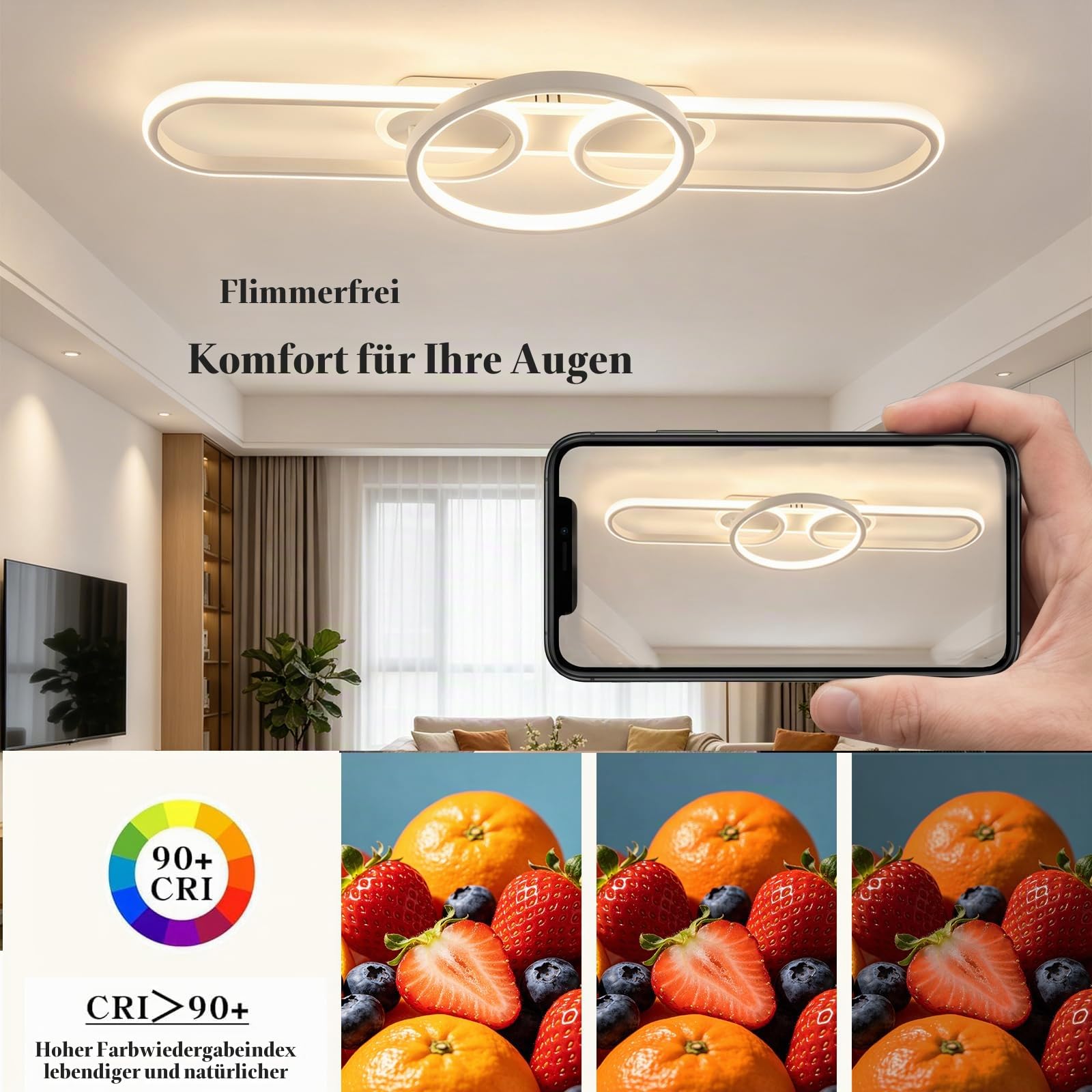 LED Deckenleuchte Dimmbar Wohnzimmer Deckenlampe Weiß Küchenlampe Schlafzimmerlampe Fernsteuerung und App Steuerung, Modern Deckenbeleuchtung mit Memory Funktion, L81cm 40W