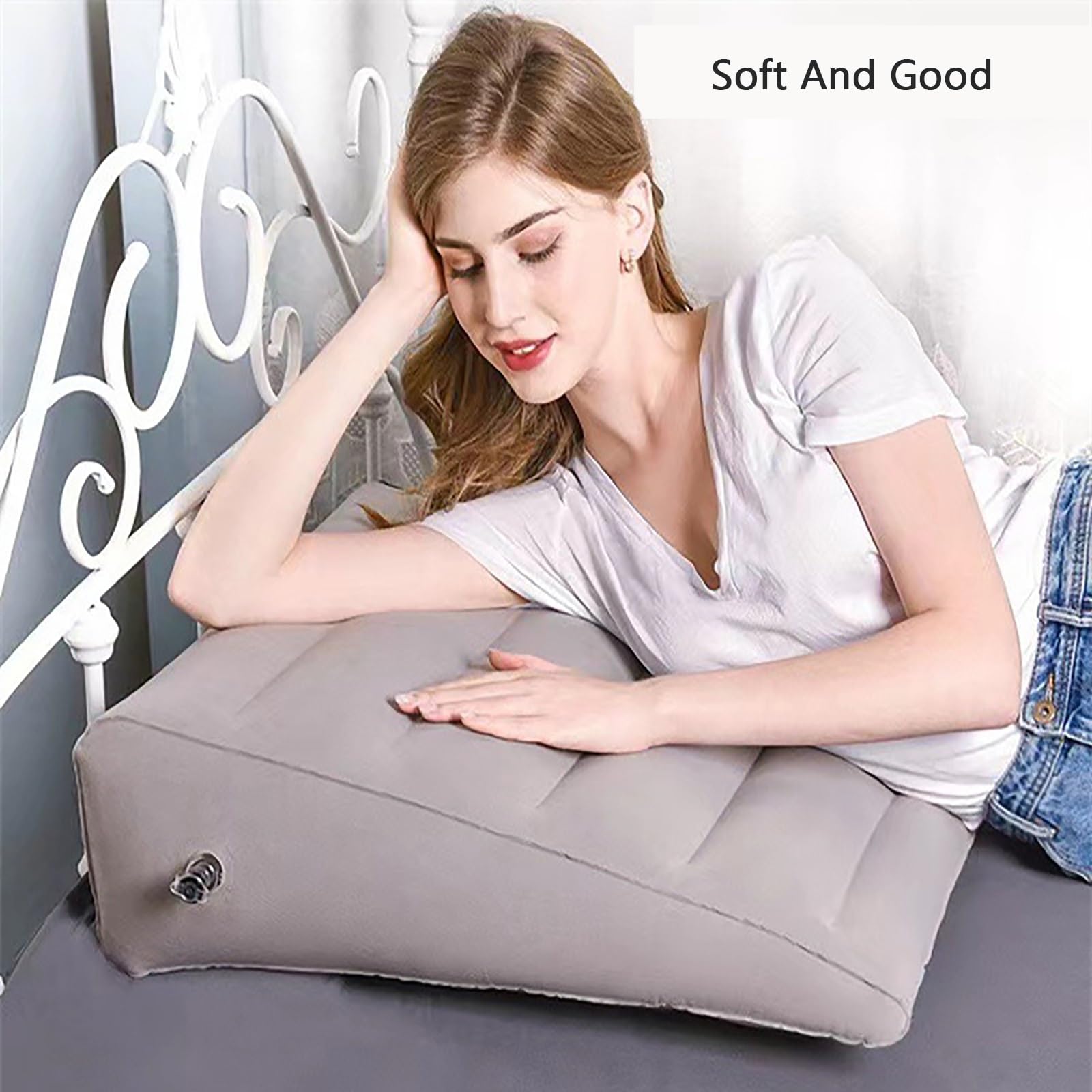 cuña antireflujo adulto Almohada de cuña inflable gris, almohada de cuña de viaje con válvula de aire fácil de transportar, elevación de piernas/soporte de rodilla, soporte de cuello, bomba de globo