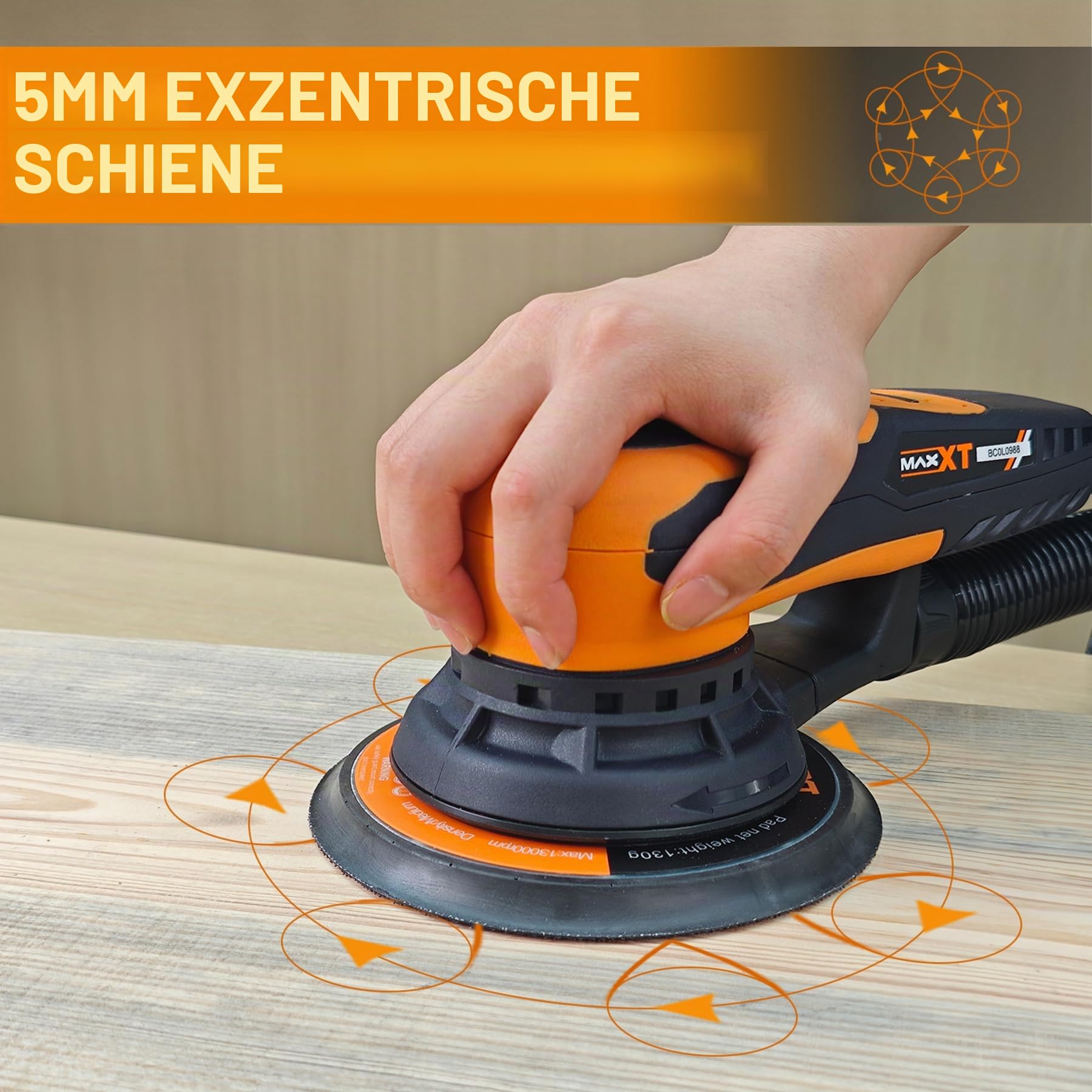 Bürstenlose MAXXT Elektroschleifer 350 W, Scheibe 150 & 125 mm, Exenterschleifmaschine 5.0 mit Dreikernanschluss, 4000-10000 U/min (6 einstellbare), Automatische Bremse-2s, 20 Schleifpapiere