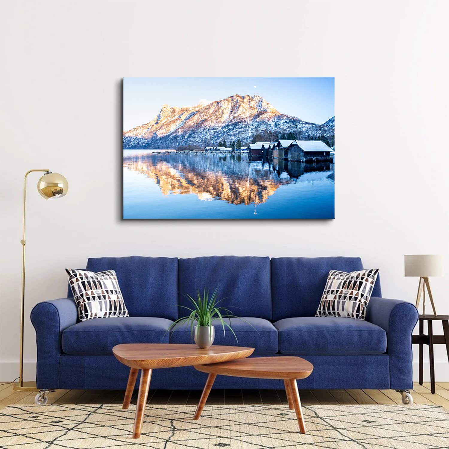 Stampa su tela con paesaggio giapponese incorniciato: montagne nebbiose, uccelli, arte murale minimalista - Italia