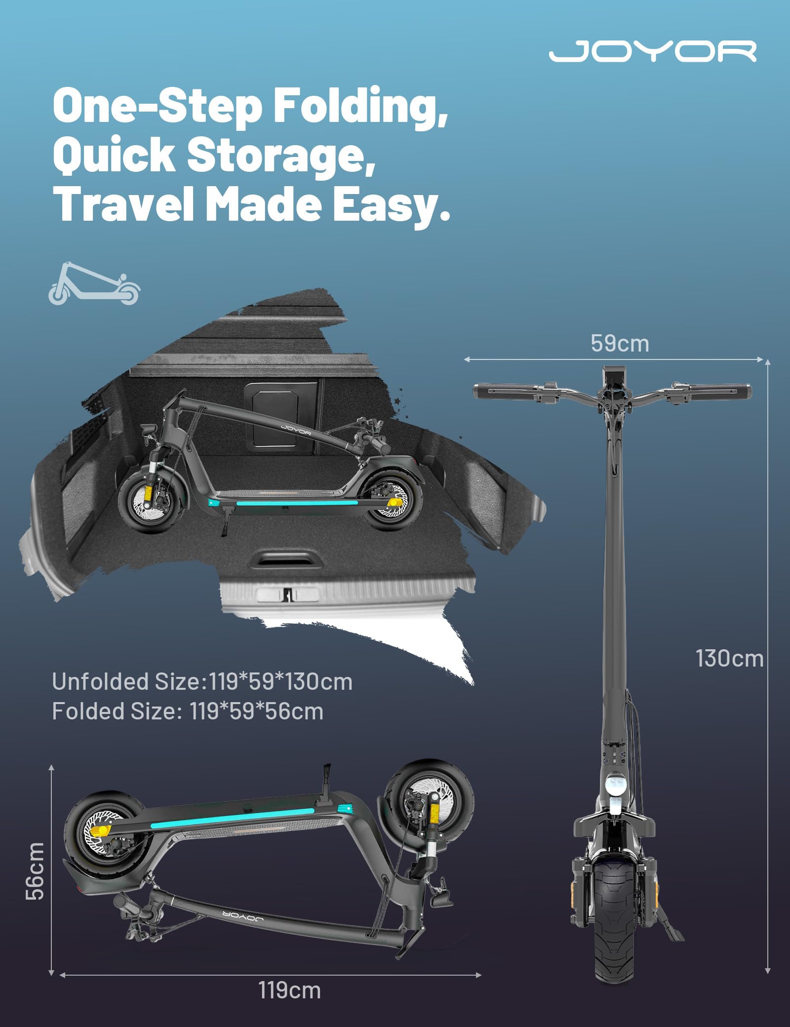 JOYOR C10E - Monopattino elettrico per adulti, 500 W, pieghevole, con batteria 48 V, 10,4 Ah e autonomia 40 Km, velocità 20 Km/h e 10 pollici, con display HD e freni a disco, certificato ABE Germania