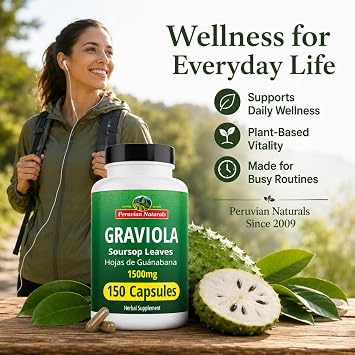 Peruvian Naturals Graviola Soursop Capsules, 150 Count 1500 mg of Premium Soursop Extract from Hojas de Guanabana, Non-GMO, Vegan, Gluten-Free
