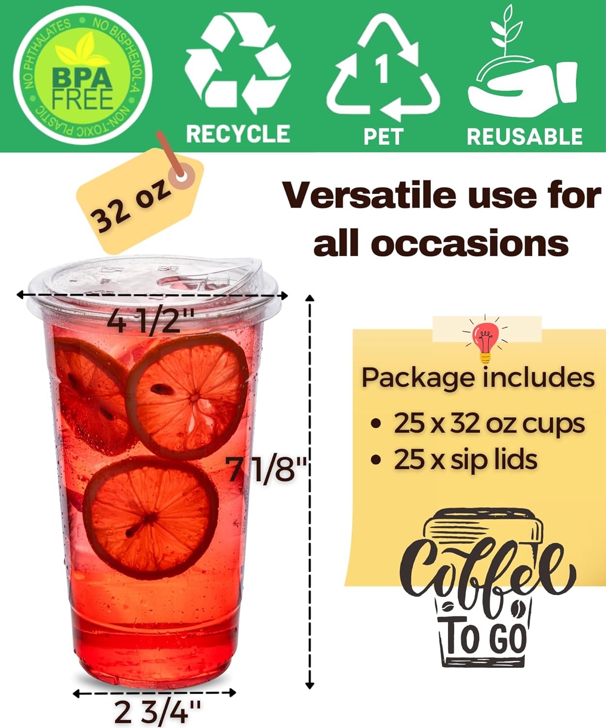 32 oz Clear Plastic Cups with Strawless-Sip-Lids, 25 Sets Disposable Cups Plastic Iced Coffee Cups, To Go Cup with Sip Through Lids for Smoothie, Milkshake, Cold Drinks for Party, Wedding, Event - Image 4