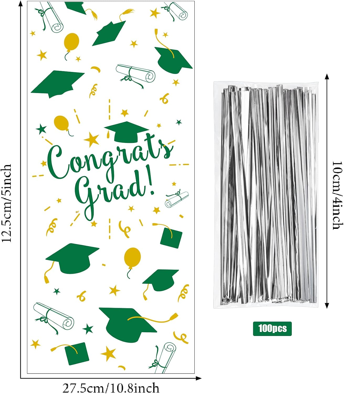 Blulu 100 Pieces Graduation Cellophane Treat Bags Congrats Graduates Candy Plastic Goodie Wrapping Gift Bags with 100 Silver Twist Ties for Grad Party Supplies(Green Gold)