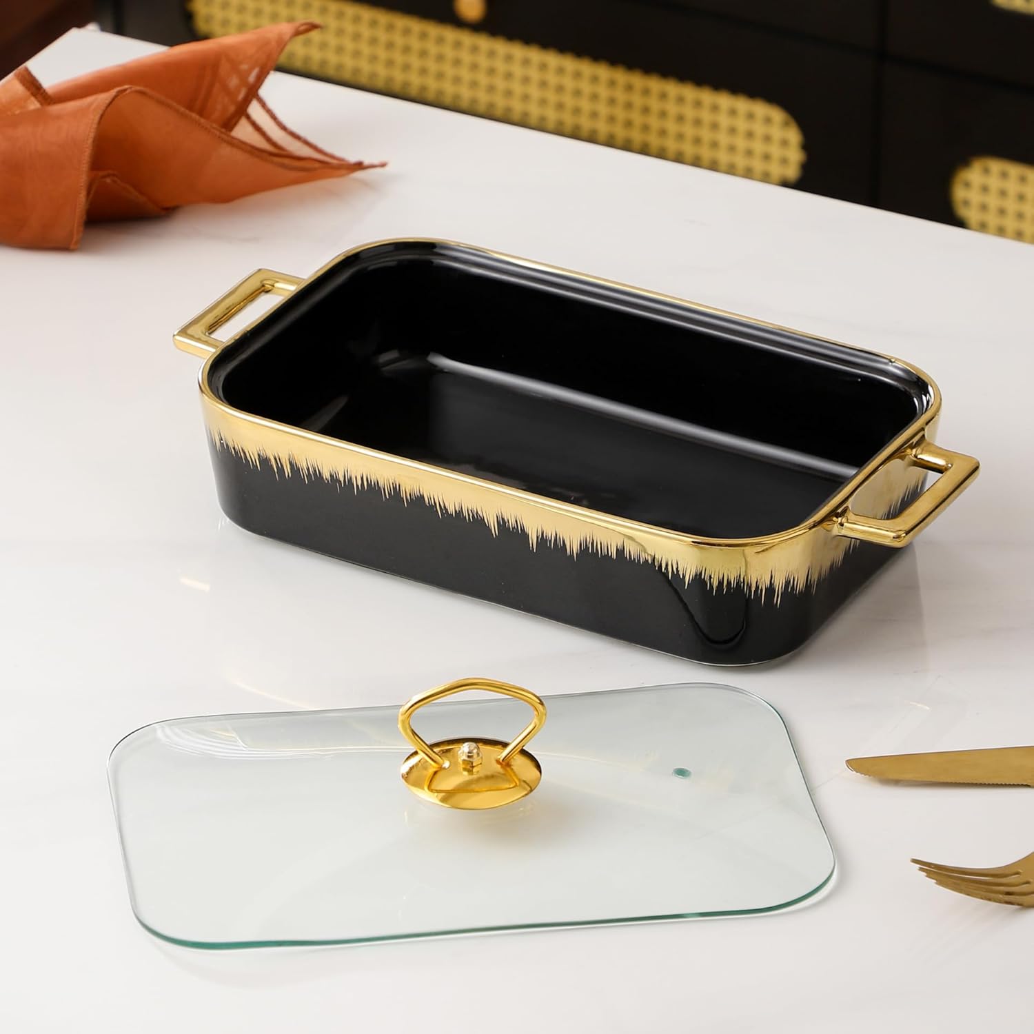 Ceramics Chafing Dishes for Buffet,Gold Chafer with Imitation Marble Finish, Chafers and Buffet Warmers Sets for Weddings,Parties, Banquets,Catering Events,3 Pack(1.0L,1.3L,1.9L)
