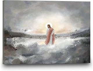 Religious Canvas Paintings Jesus Walking on Water Poster Jesus Christ Canvas Wall Art Christ Spiritual Artwork Abstract Church Painting Christian Religious Picture for Living Room 12x16inch Unframed