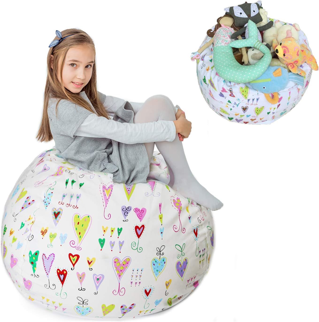 Stuffed Animal Storage Bean Bag XXL - 100% Cotton Canvas Plush Toy Organizing Bag, Machine Washable (38”,Hearts) Comfortable & Soft Seat for Nursery | Stylish Chair/Ottoman/Pouf for Boys & Girls