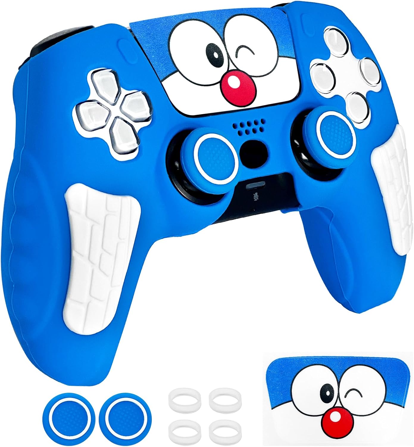Blue Anti Slip PS5 Controller Skin Set, Doraemon Limited Edition Soft Protective Controller Cover Case for PlayStation 5/Slim/Pro Control with Touch Pad Stickers and 2 Thumb Grip Caps