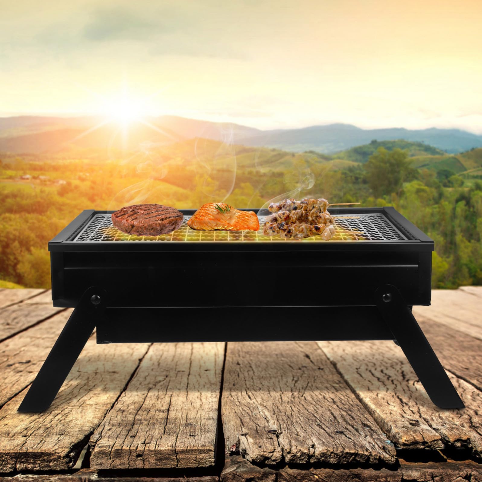 Griglia Barbecue Portatile Pieghevole in Acciaio Inox Nero | Cassetto Carbone Estraibile, Compatta e Leggera, per Cottura Efficiente in Gruppo da 1-3 Persone