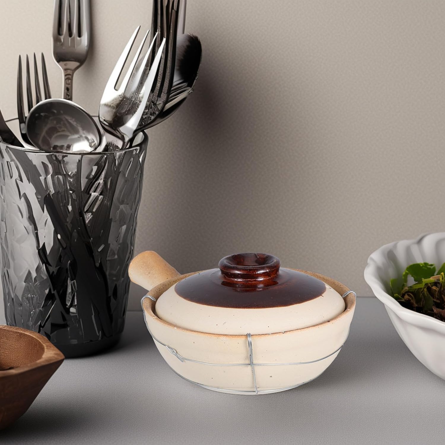 Clay Pot with Single Handle 0.5l White Earthenware Casserole for Rice Soups Stews Korean Bibimbap Cooking Pan Suitable for Family Meals and Travel