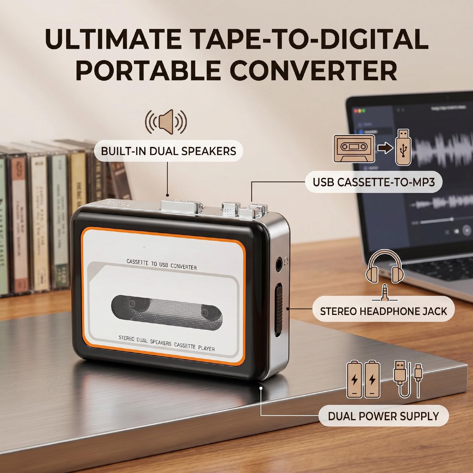 Annadue Lettore di Cassette USB Portatile con Doppi Altoparlanti Integrati per Anziani | Convertitore da nastro a MP3, batterie AA, registratore portatile a doppia alimentazione USB con cuffie da 3,5 mm