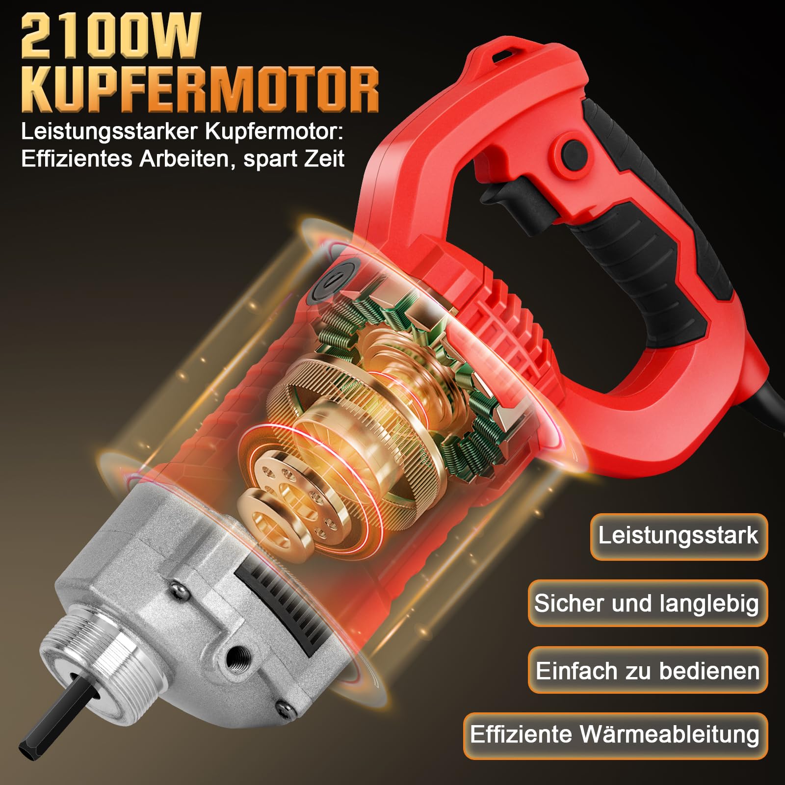 Betonrüttler 2100W mit 2m SCHLAUCHLÄNGE, 38 mm Flaschenrüttler | Elektro Betonverdichter, Beton Rüttelflasche, Rührwellendrehzahl 6800 U/min, Beton Rüttelflasche für Hausbau, Brückenbau