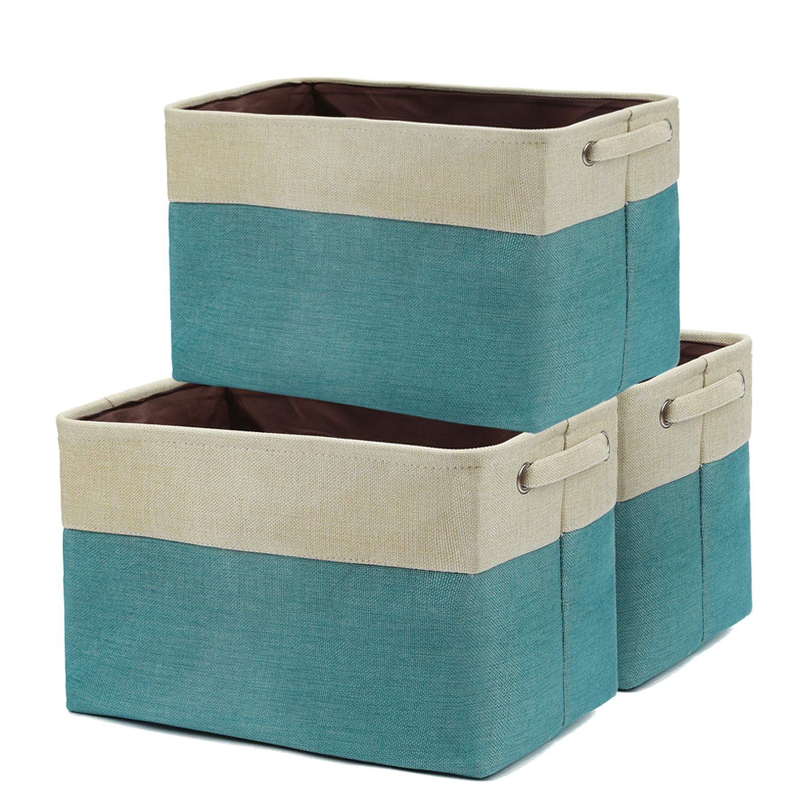 Cotton Linen Storage Baskets Collapsible Storage Receiving Bins for Clothes Toys Towels Shelves Closet Organizer, Set of 3, Beige and Gray Blue BSJ-Y12-bu-milan